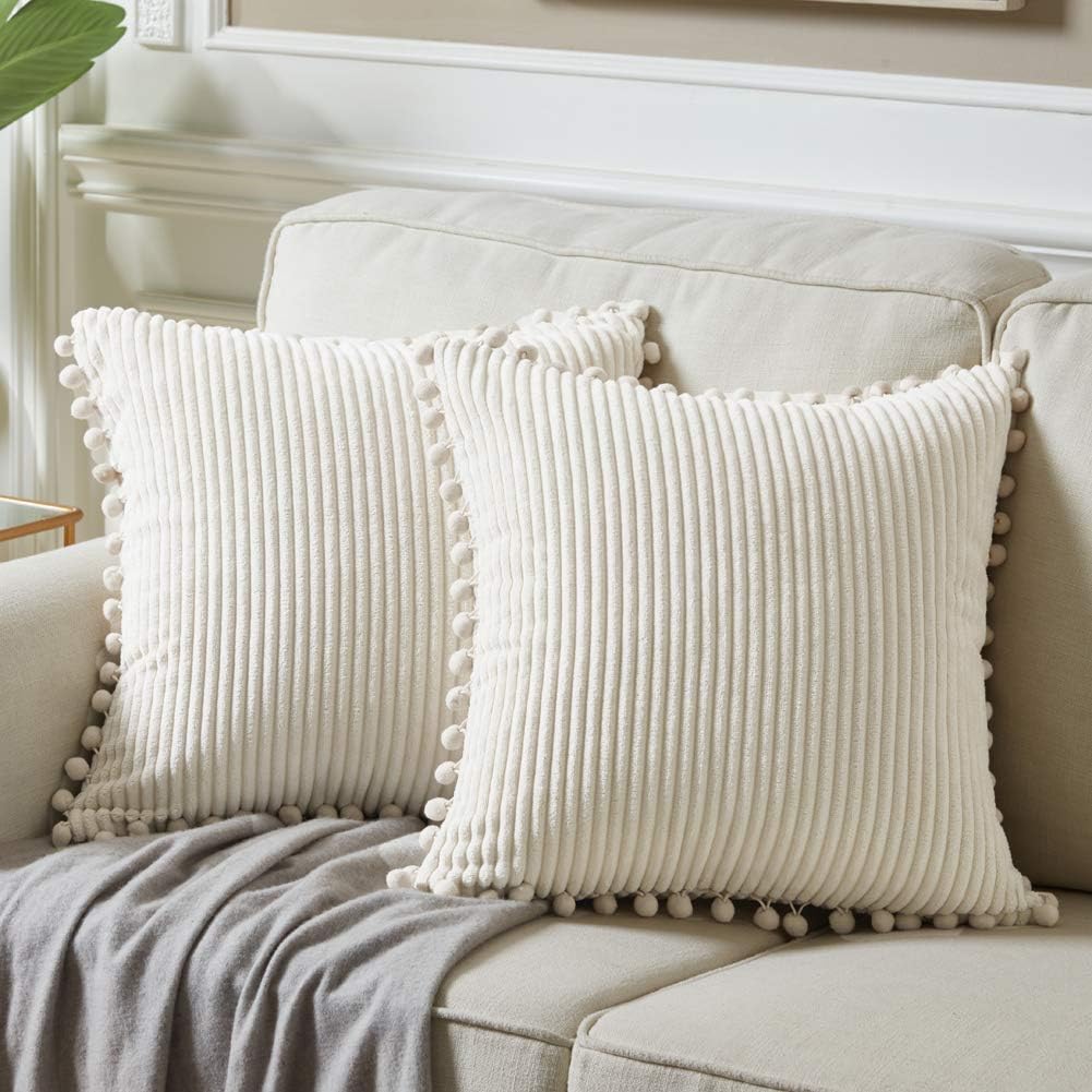 Fancy Homi Corduroy Pom-pom Cushion Covers, Set of 2