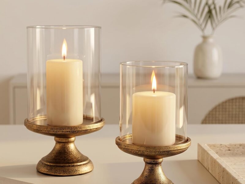 SHOHAYTO Antique Brass Iron and Glass Hurricane Candle Holder