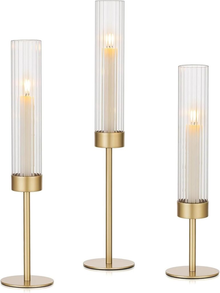 Ouqiesli Gold Glass 3 Hurricane Candle Holders