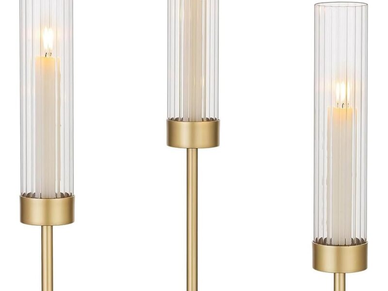Ouqiesli Gold Glass 3 Hurricane Candle Holders