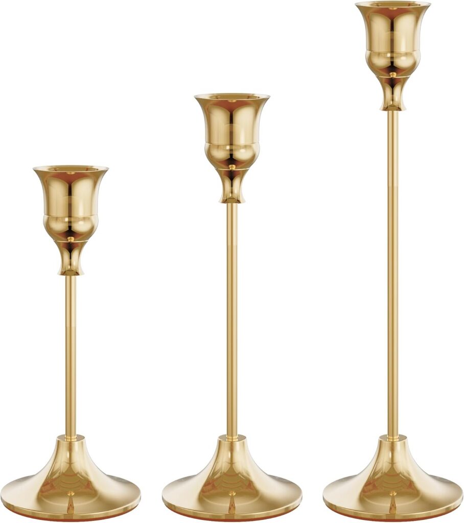 NLBTW French Gold Metal 3 Taper Candle Holders