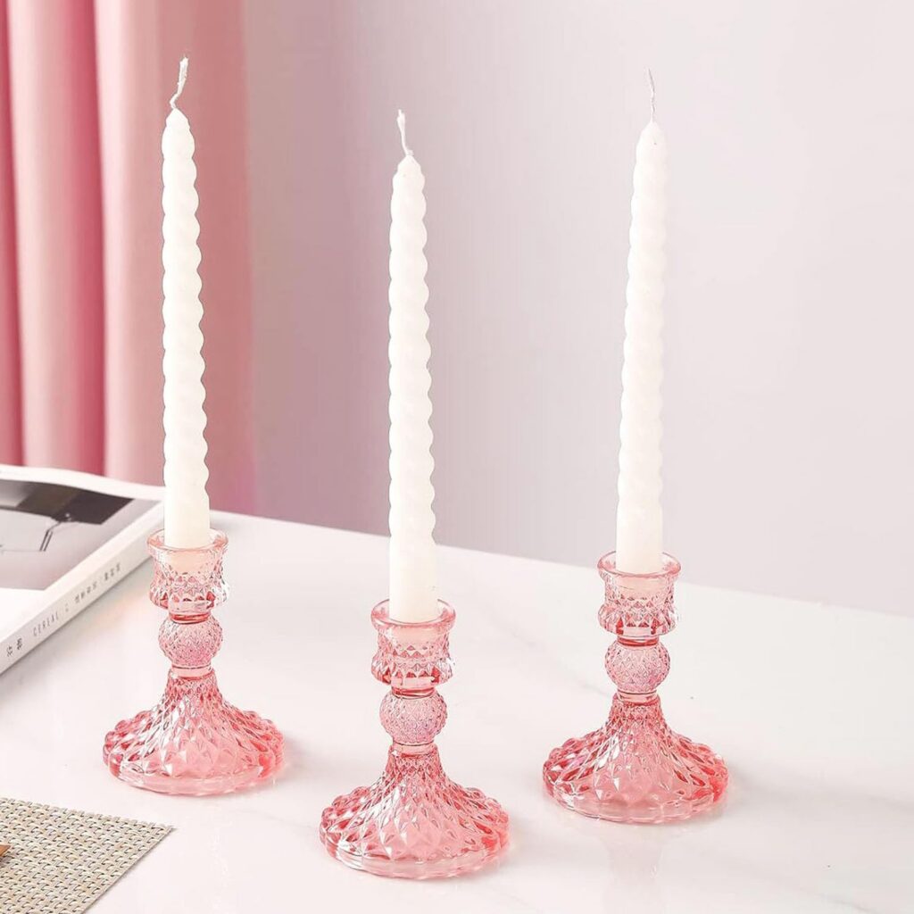 Esdallina Pink Glass 3 Desktop Taper Candle Holders