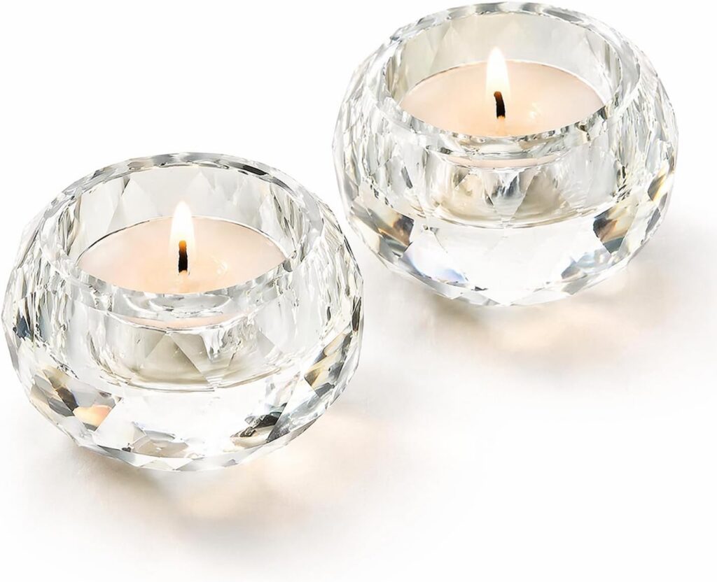 Answaily Clear Cut Crystal Glass 2 Tealight Candle Holders