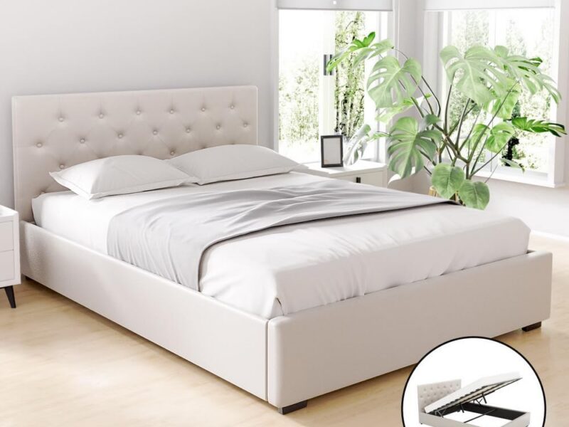 Artiss Double Beige Linen Gas Lift Bed Frame