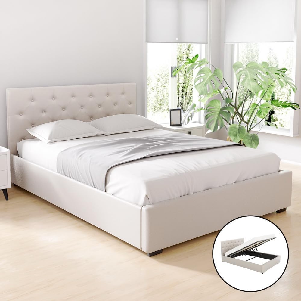 Artiss Double Beige Linen Gas Lift Bed Frame