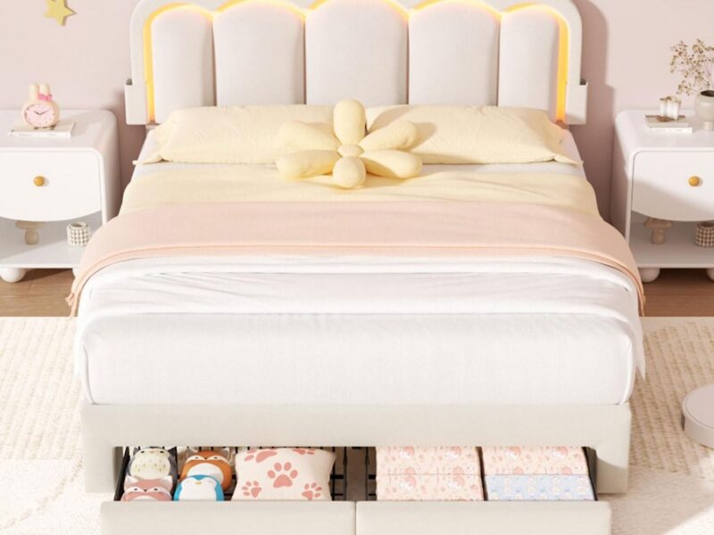 Advwin Double Beige Velvet LED Bed Frame