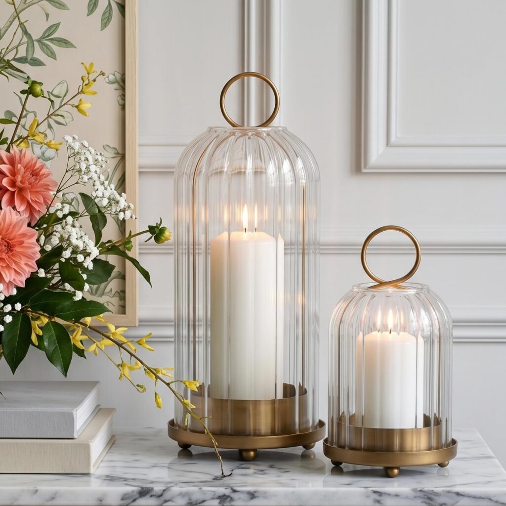Ganwu Brass Metal Ribbed Glass 2 Hurricane Candle Holders