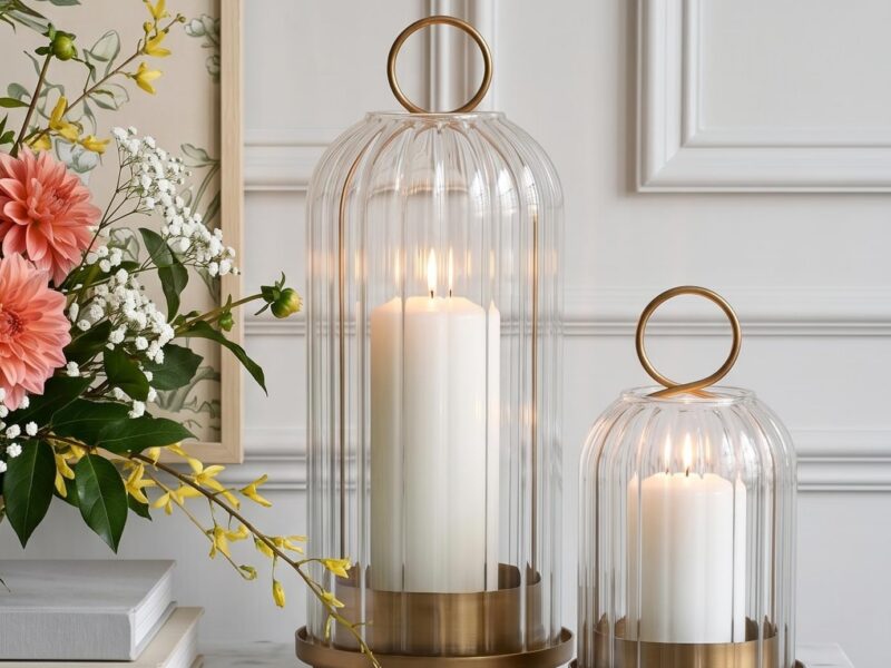 Ganwu Brass Metal Ribbed Glass 2 Hurricane Candle Holders