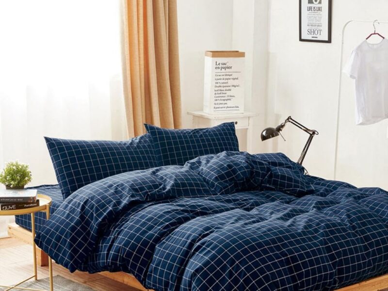Wake In Cloud Navy Cotton Grid Quilt Cover Set