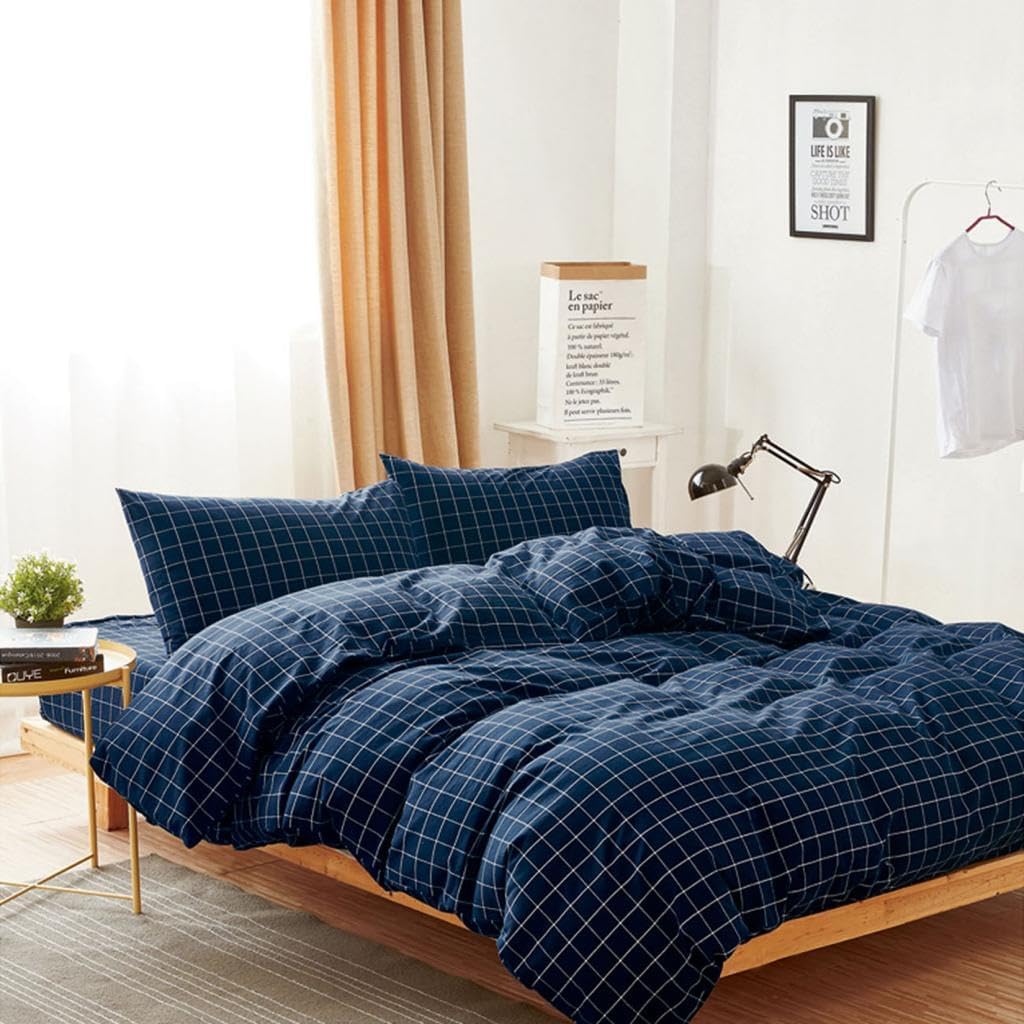 Wake In Cloud Navy Cotton Grid Quilt Cover Set