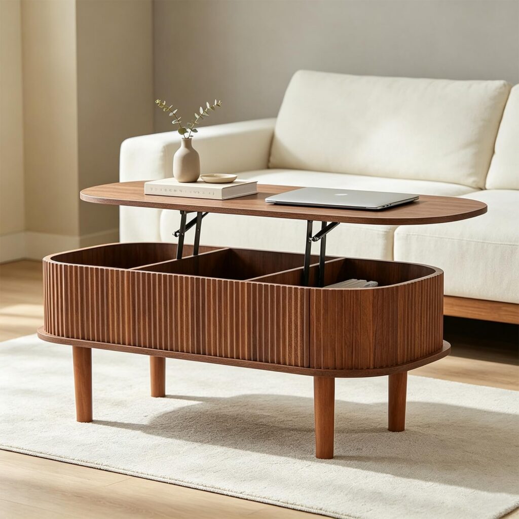 CKIKH Walnut Fluted Oval Lift Top Coffee Table