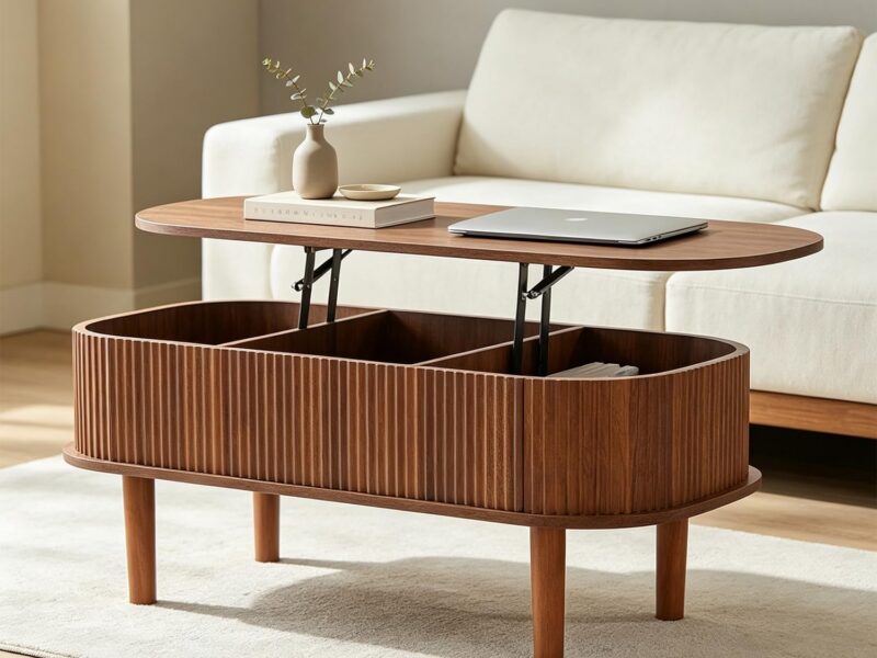 CKIKH Walnut Fluted Oval Lift Top Coffee Table