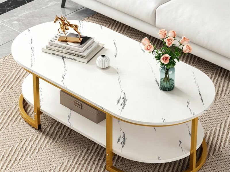 RGNHDQD Two Tier Oval Marble Print Coffee Table
