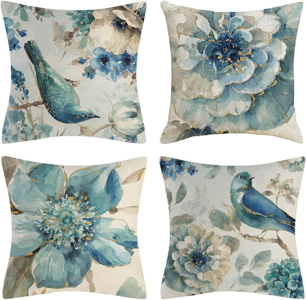 OJOYCEE Linen Bird Cushion Covers, Set of 4