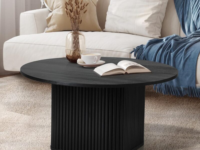 OIKITURE Black Round Wooden Coffee Table