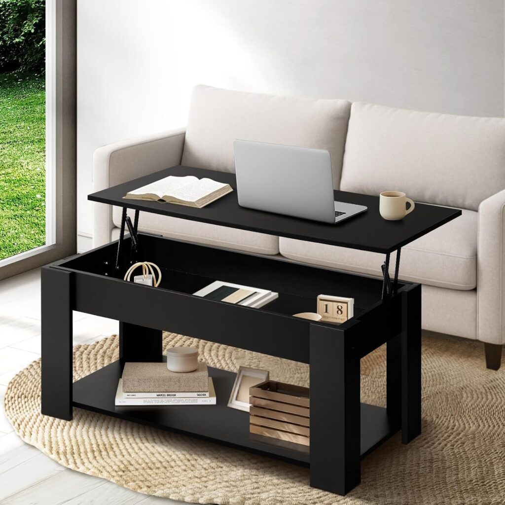 OIKITURE Black Lift Up Coffee Table