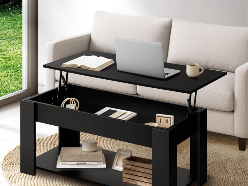OIKITURE Black Lift Up Coffee Table