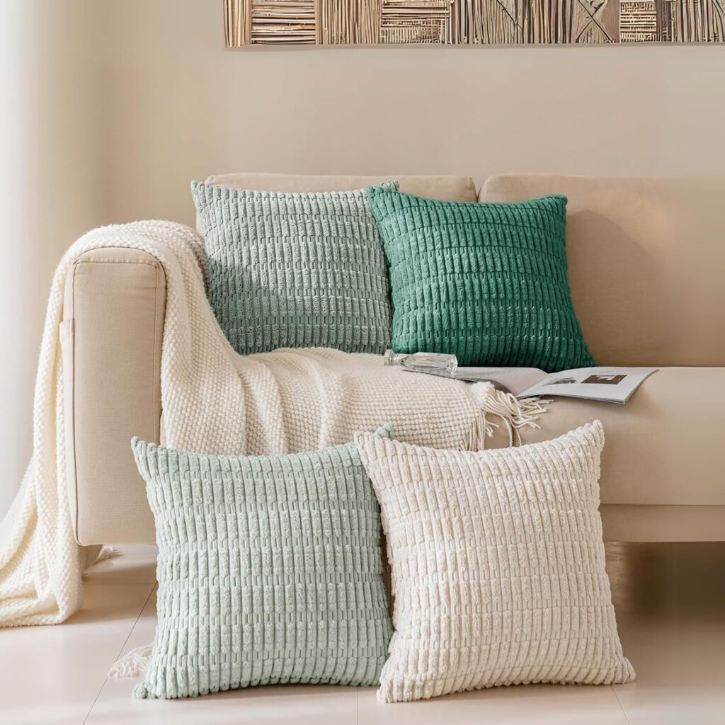 JOMWEN Corduroy Striped Lumbar Cushion Covers, Set of 4, Beige/Green