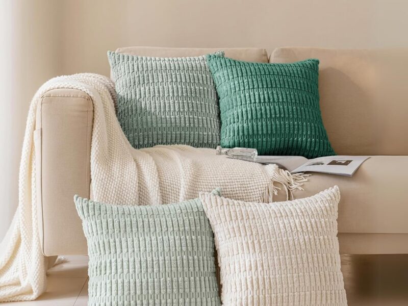 JOMWEN Corduroy Striped Lumbar Cushion Covers, Set of 4, Beige/Green