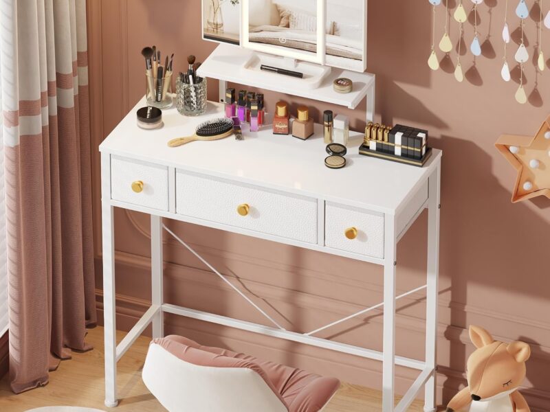 HIGDBFE Compact Vanity Desk with Lighted Mirror