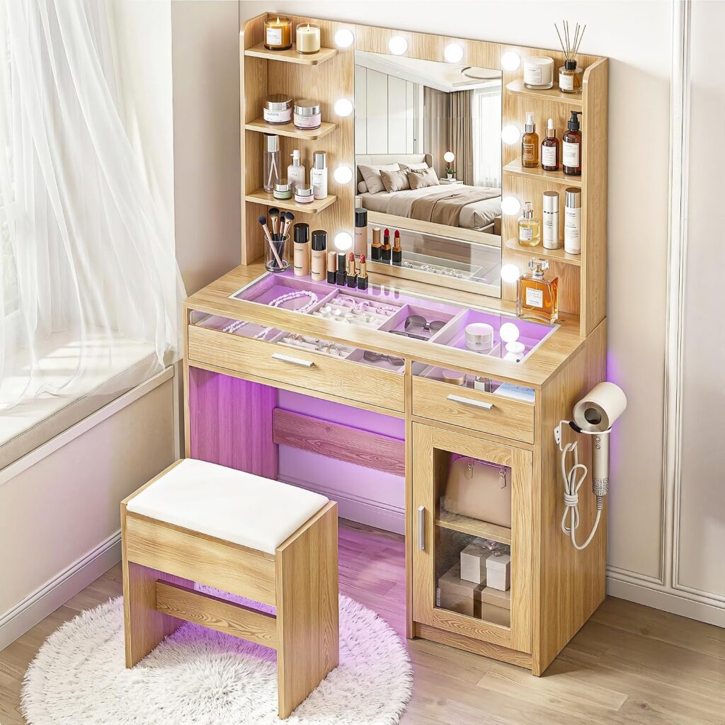 Artiss RGB LED Glass Top Dressing Table