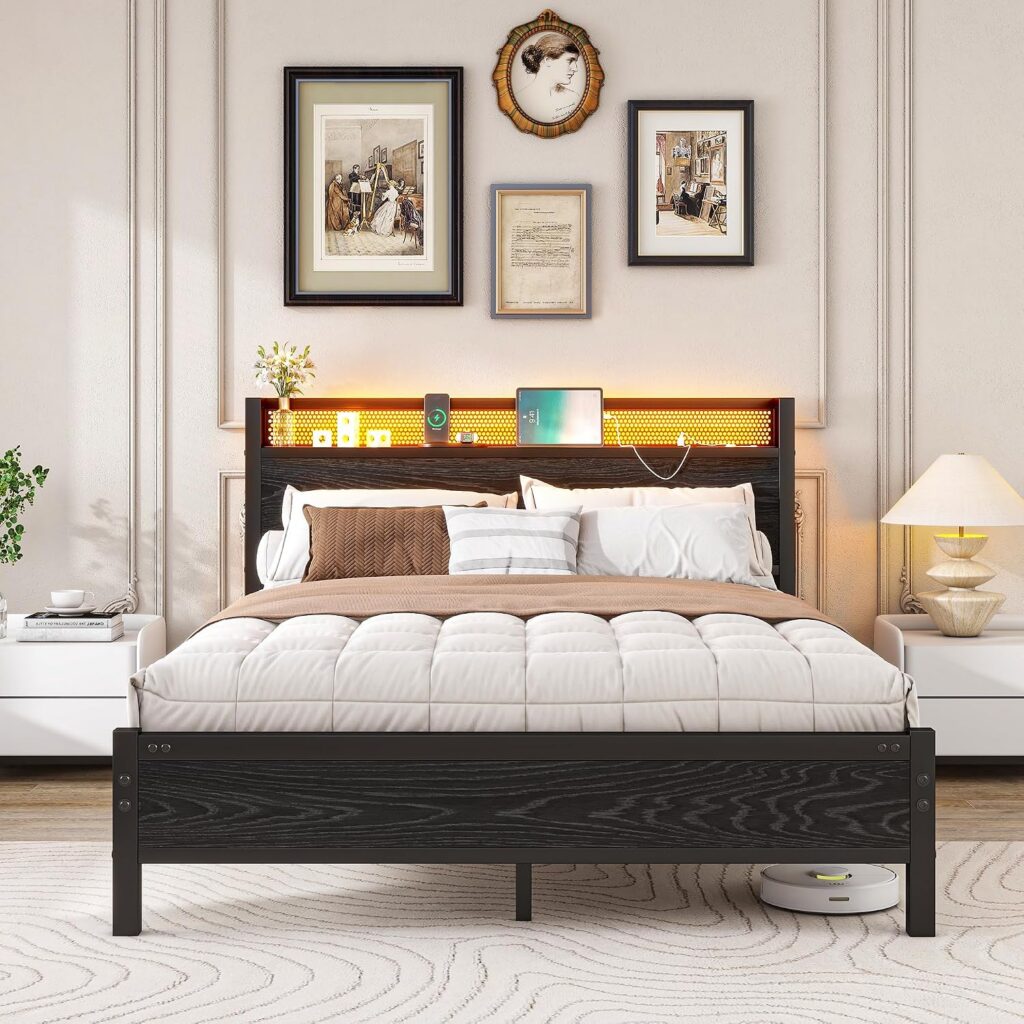 VERFARM Queen Black LED Charging Bed Frame