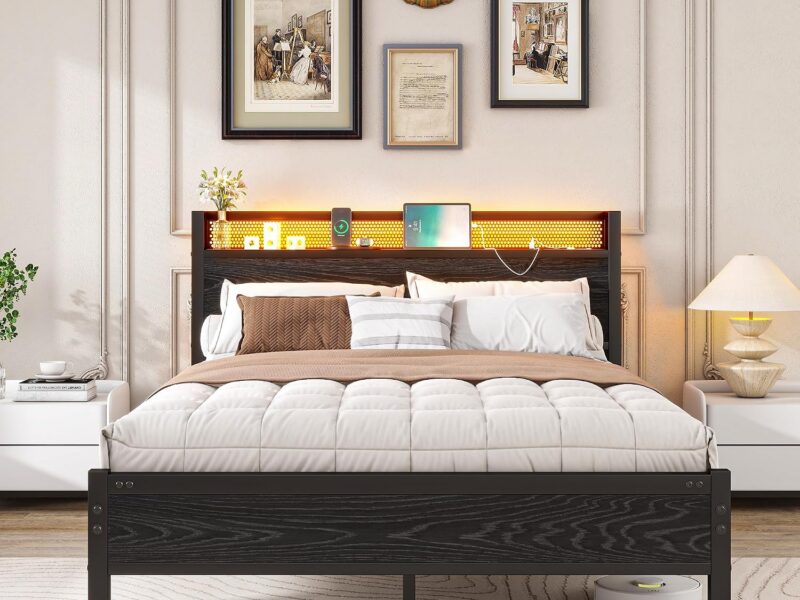 VERFARM Queen Black LED Charging Bed Frame