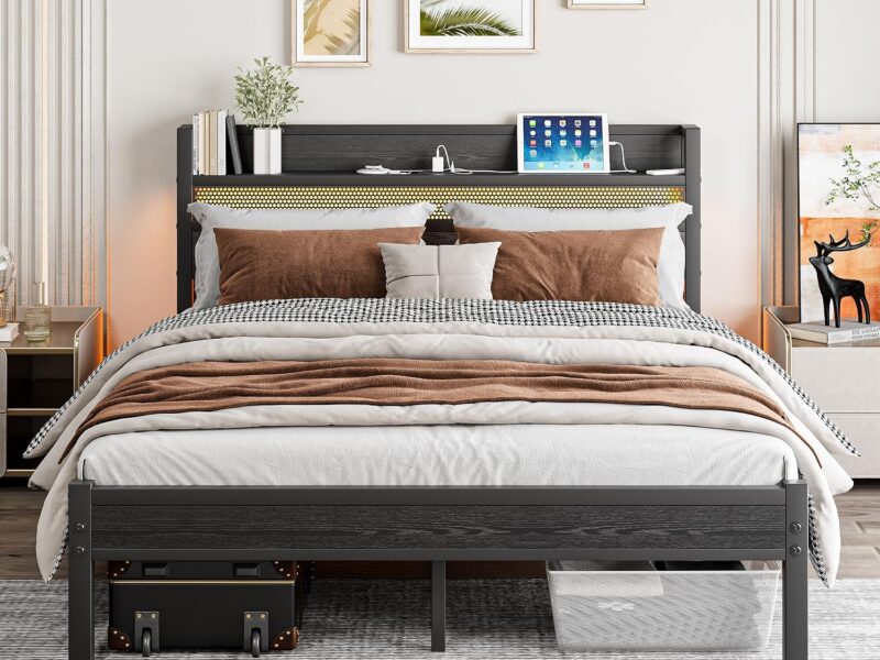 Diolong Double Black LED Charging Bed Frame