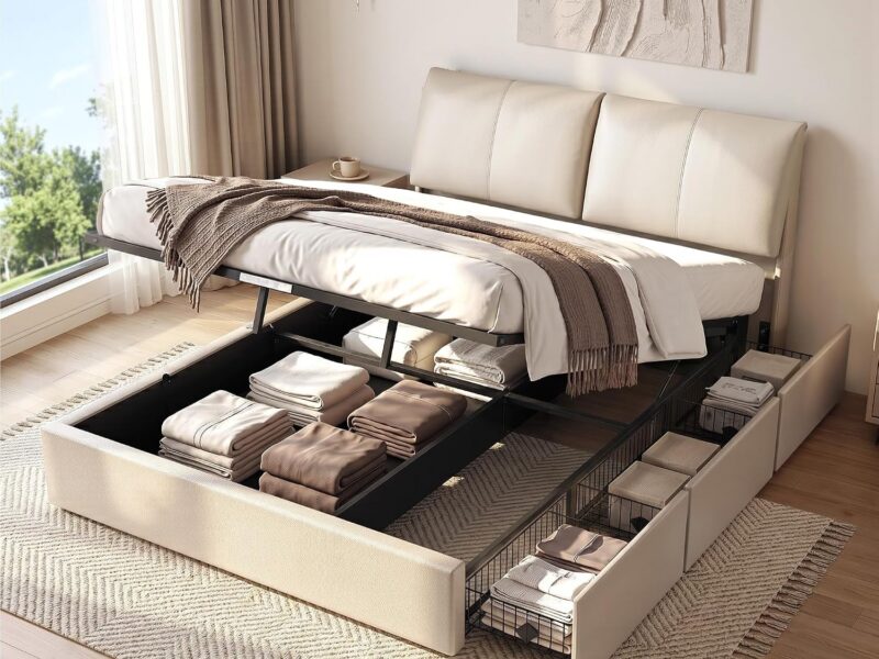 Artiss Queen Beige Adjustable Storage Bed Frame