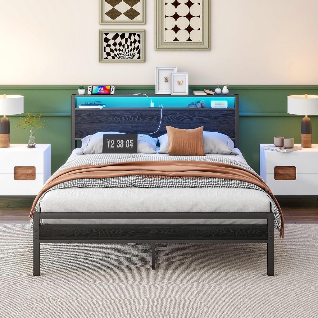 VECOCHO Double Black LED Storage Bed Frame