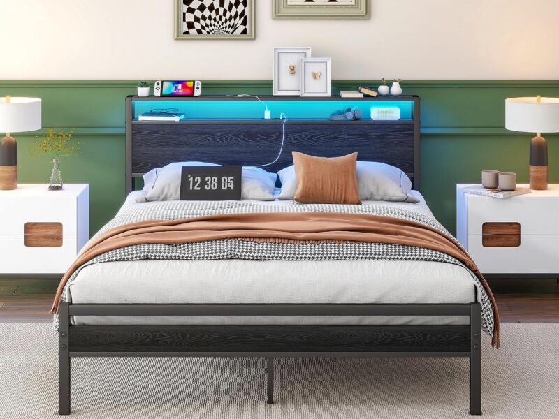 VECOCHO Double Black LED Storage Bed Frame